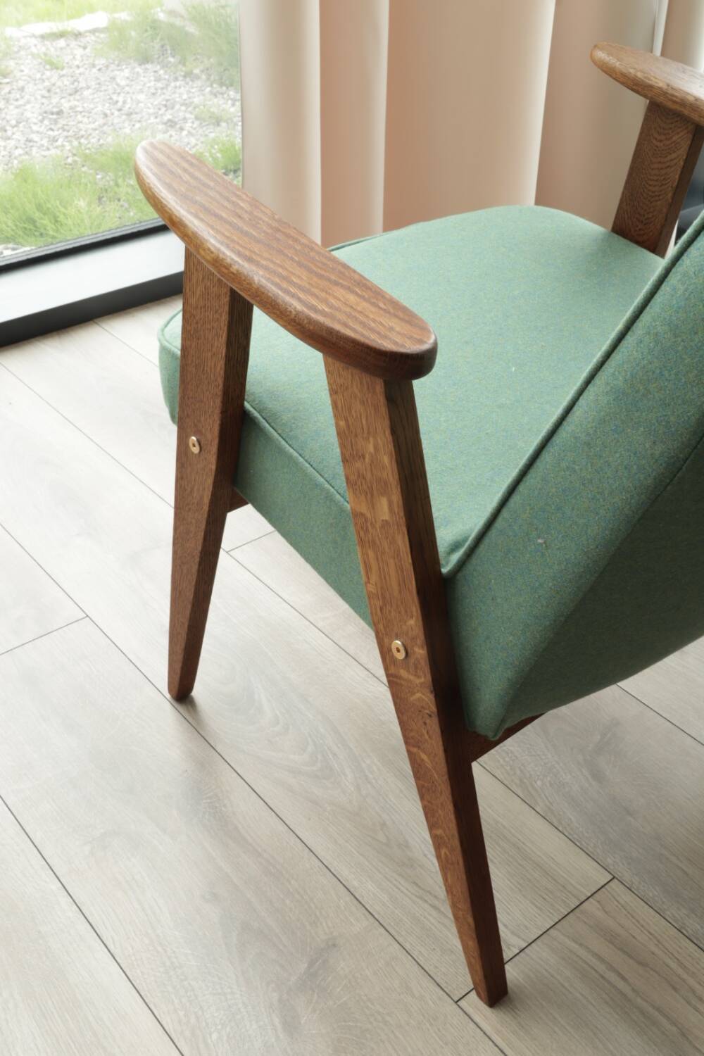 Vintage rustic oak armchair in green wool, 1960s
