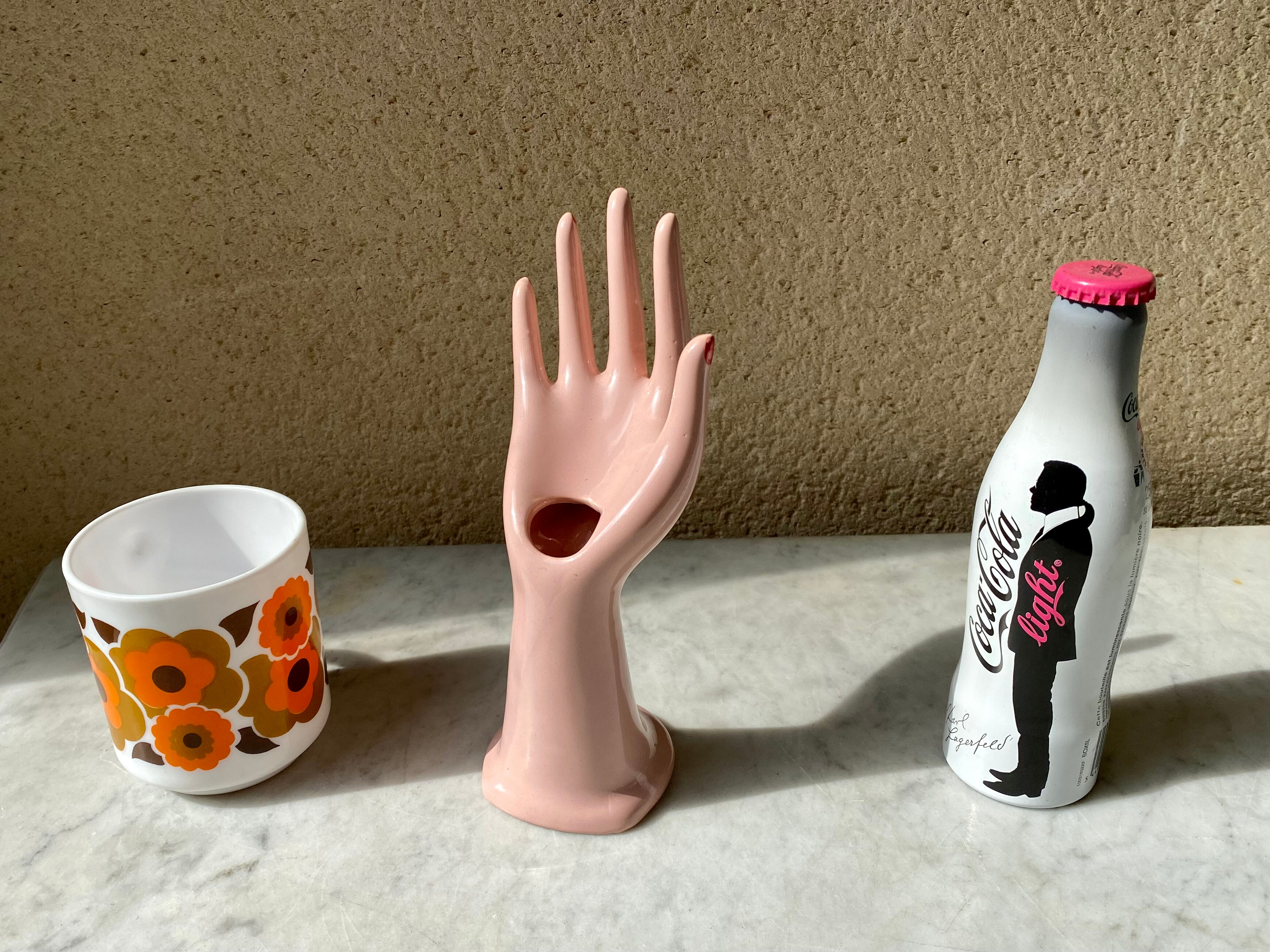 Vase baguier hand ceramic vintage pink 70s