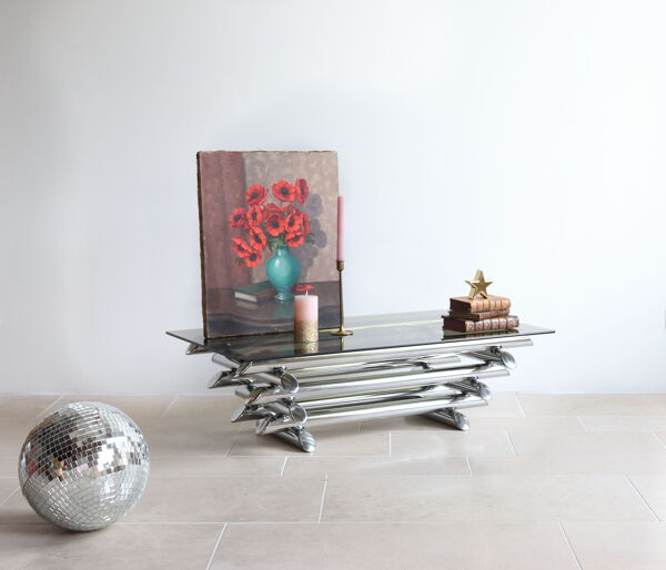 Table basse en verre fumé et métal tubulaire chromé, années 70