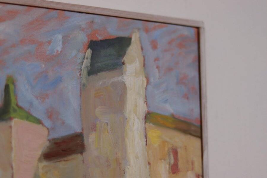 Original Swedish oil on canvas – “Castle” by Karen Heggestad – dated 2002 – vintage & framed – 28 × 33 cm (11.0" × 13.0")