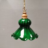 green hanging lamp in double layer glass (white inside) with wooden top and safety chain,
