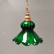green hanging lamp in double layer glass (white inside) with wooden top and safety chain,