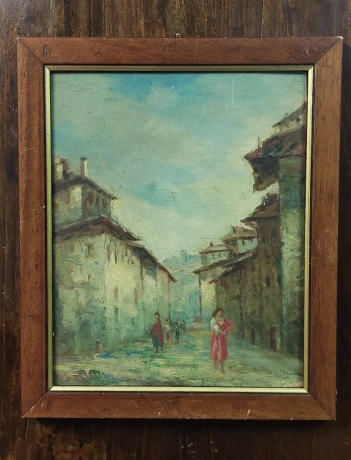 Antique oil painting on faesite early 1900s countryside view