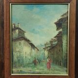 Antique oil painting on faesite early 1900s countryside view