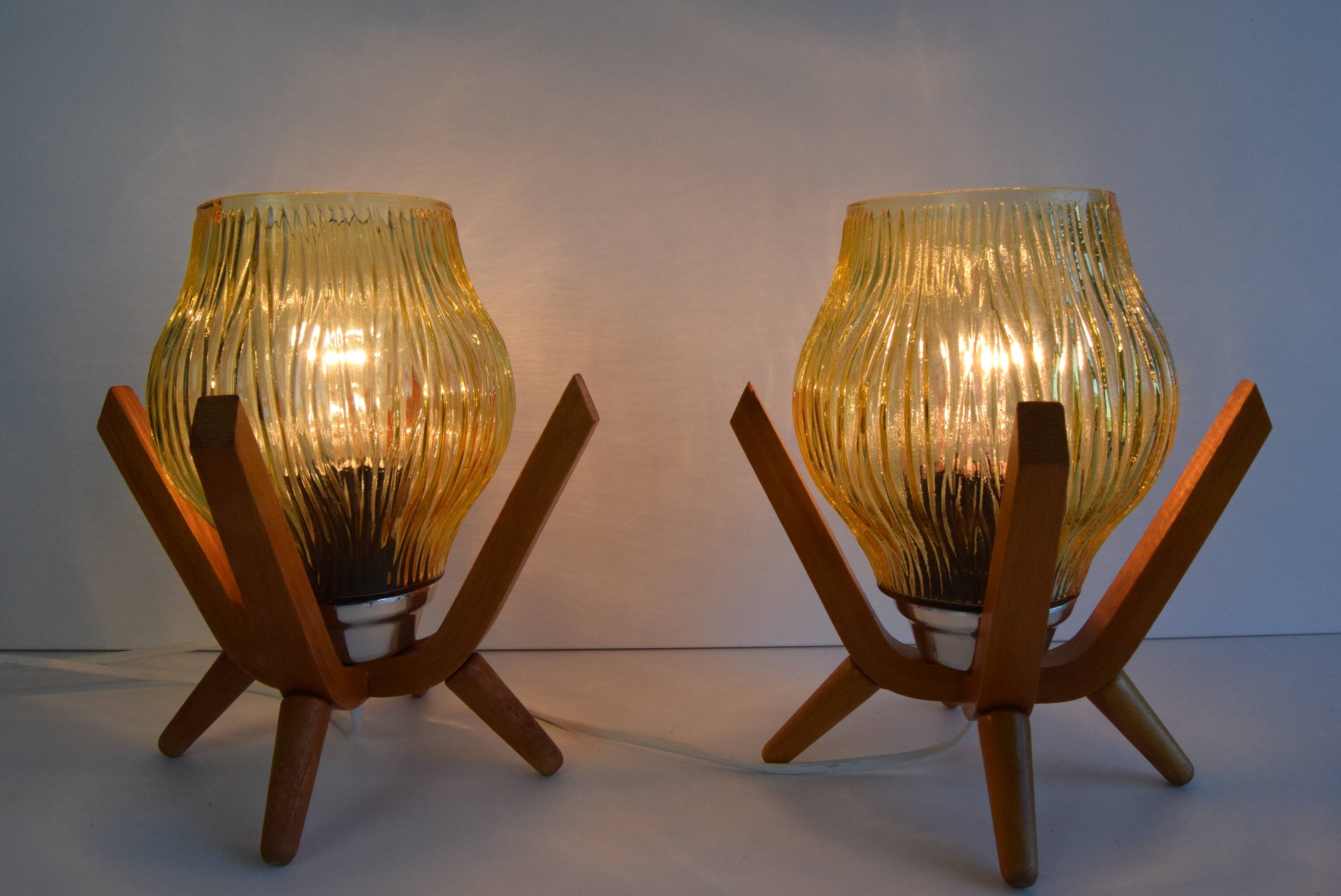 Pair of mid-century Wooden Design Table Lamps, by Dřevo Humpolec, 1970's.