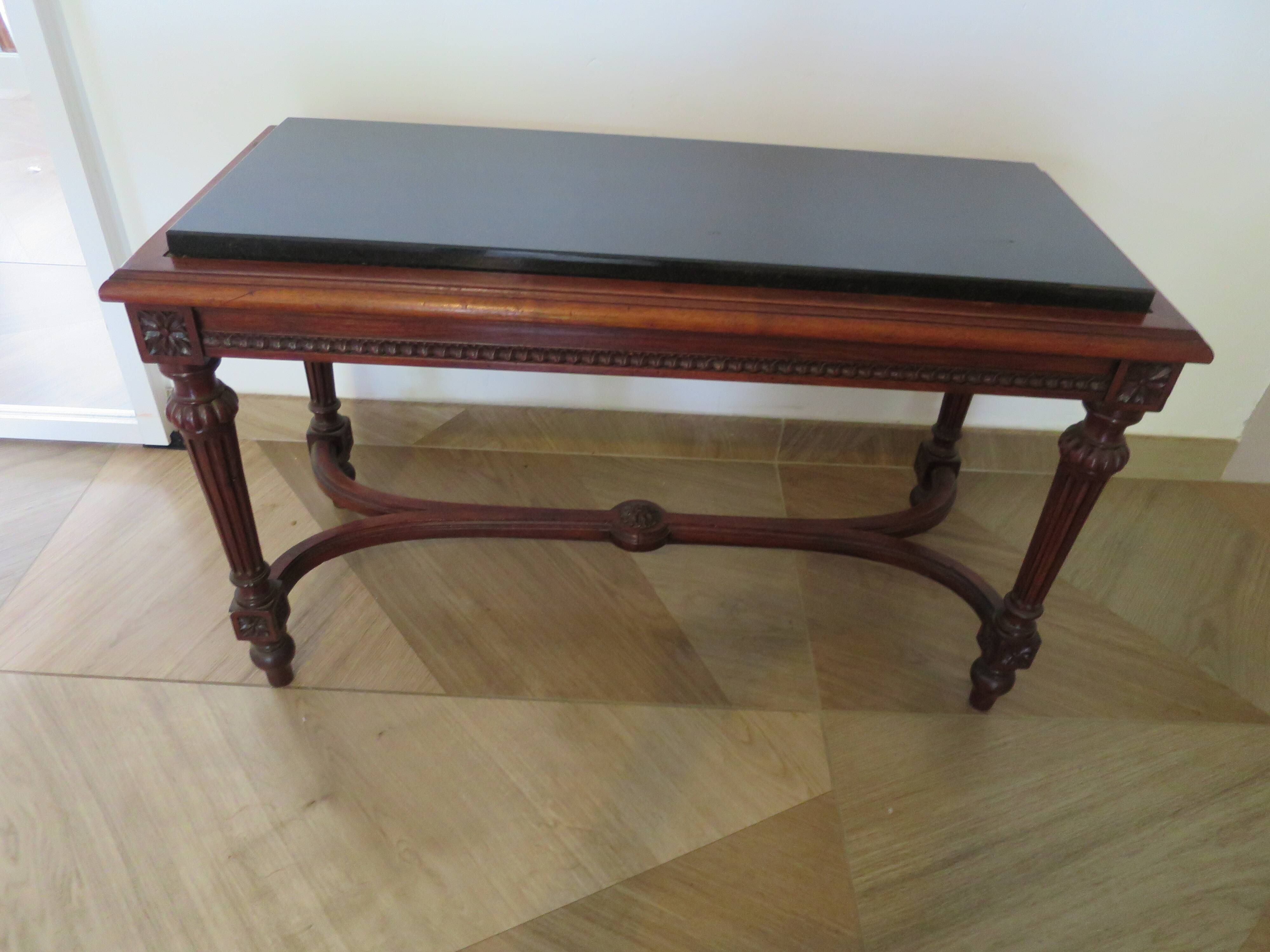 Coffee table - black marble top - Louis XIII style - H-shaped crossbar base