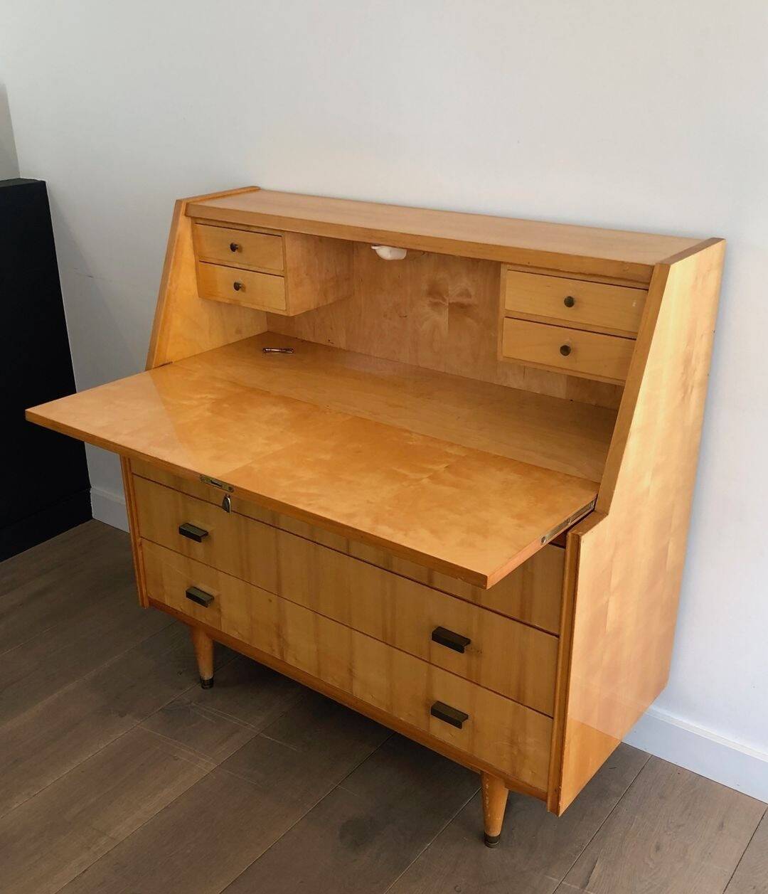 Secretary in Sycamore with Bronze Handles, French Work