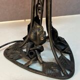 Contemporary mushroom lamp, wrought iron base and orange glass shell with blue hues in the art deco style