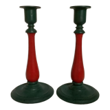 Pair of cast iron and wood candle holders