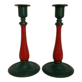 Pair of candlesticks in cast iron and wood