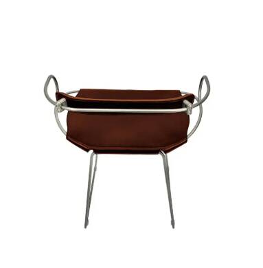 Contemporary sculptural bar stool c. Silvered Aged Steel Backrest and Cognac Leather