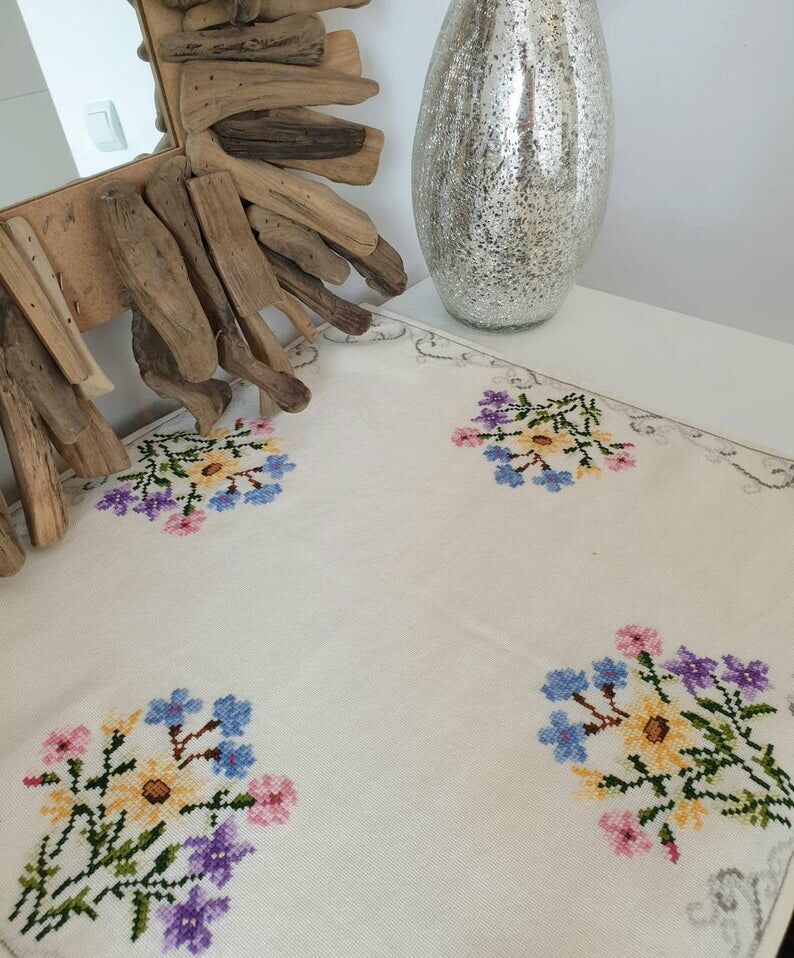 Delicate hand embroidered tablecloth with flowers, Romania