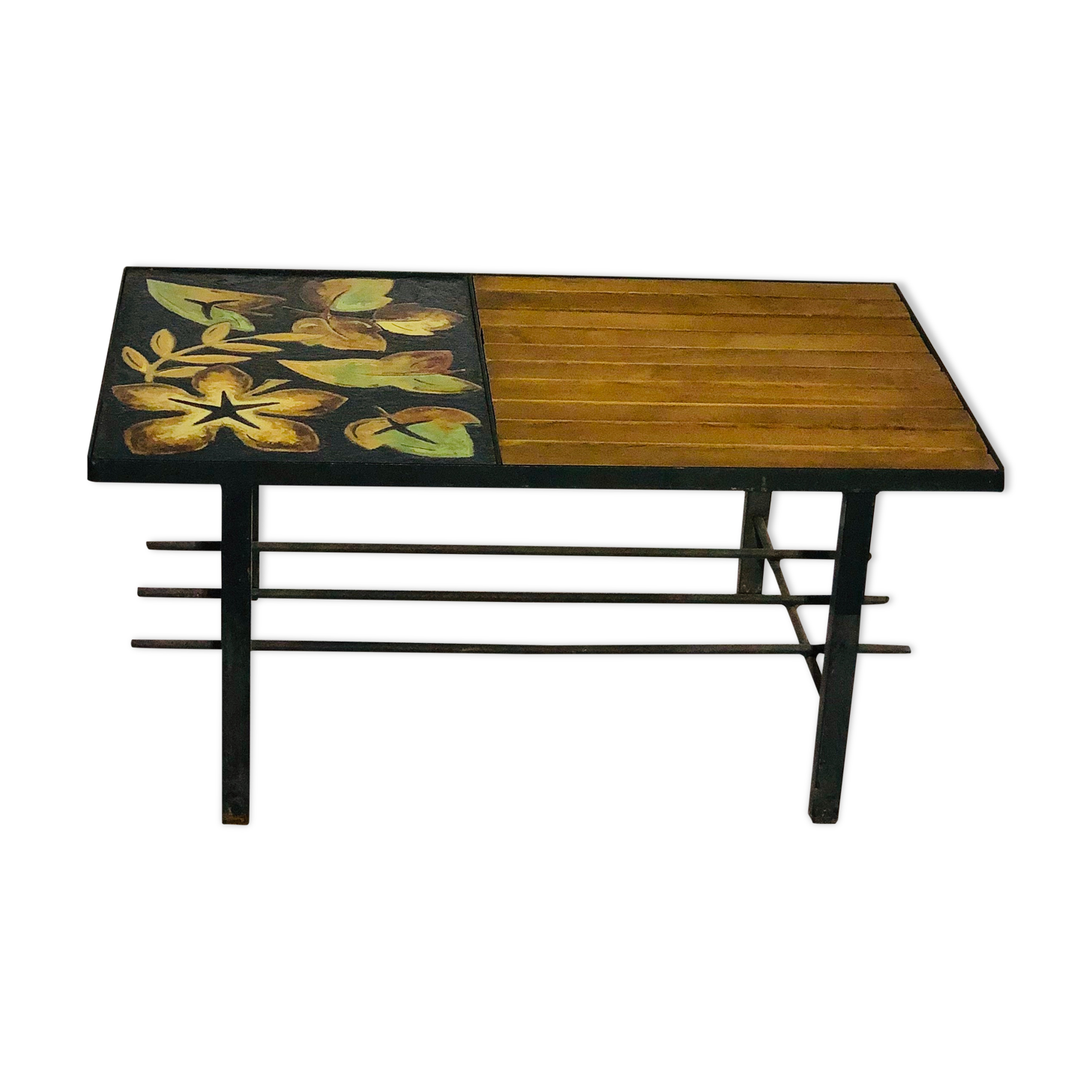Vintage coffee table 1970 - Ceramic, oak and metal