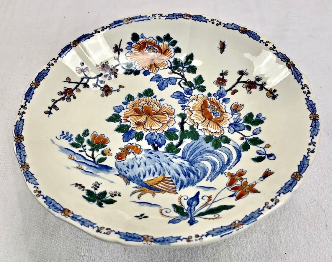 Compotier fruit cutters on pedestal Gien rooster and peonies 1938 1960