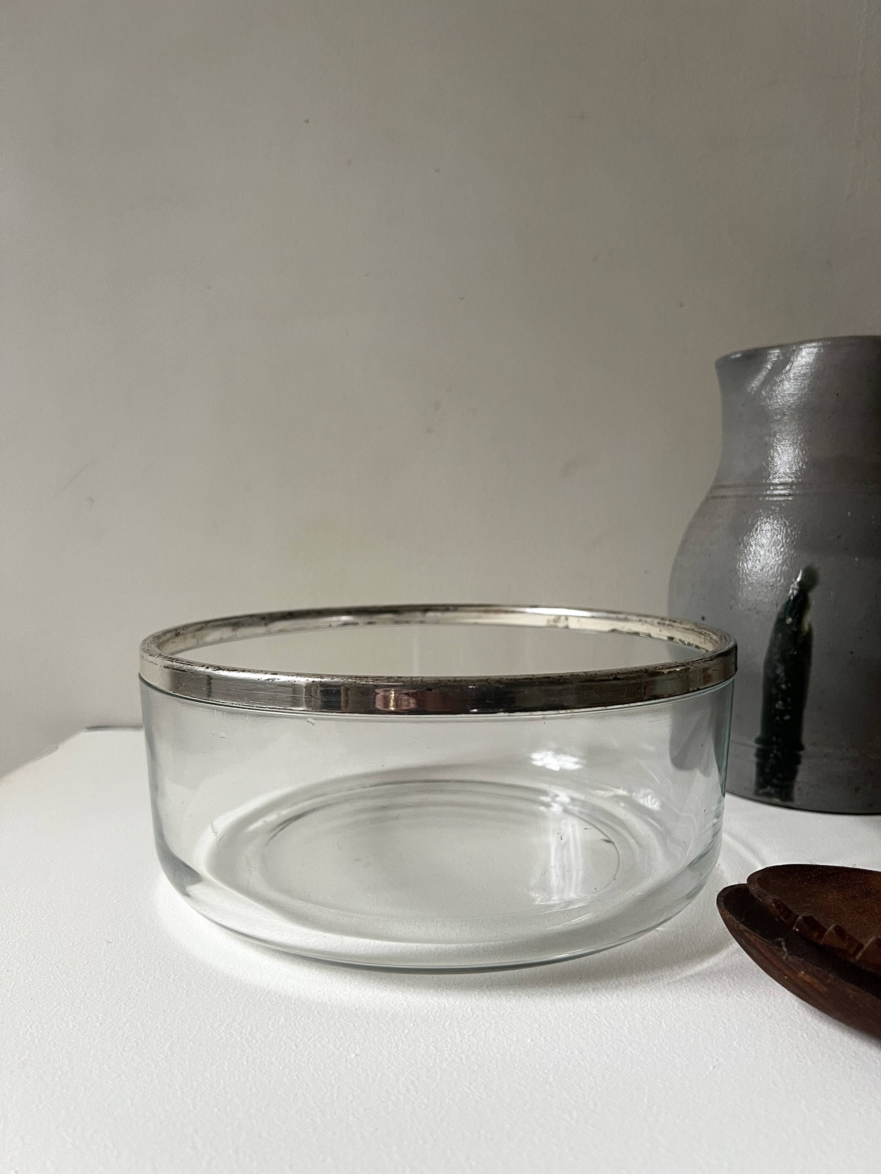 Large glass salad bowl with chrome metal rim, Bormioli Rocco Italy 1970.