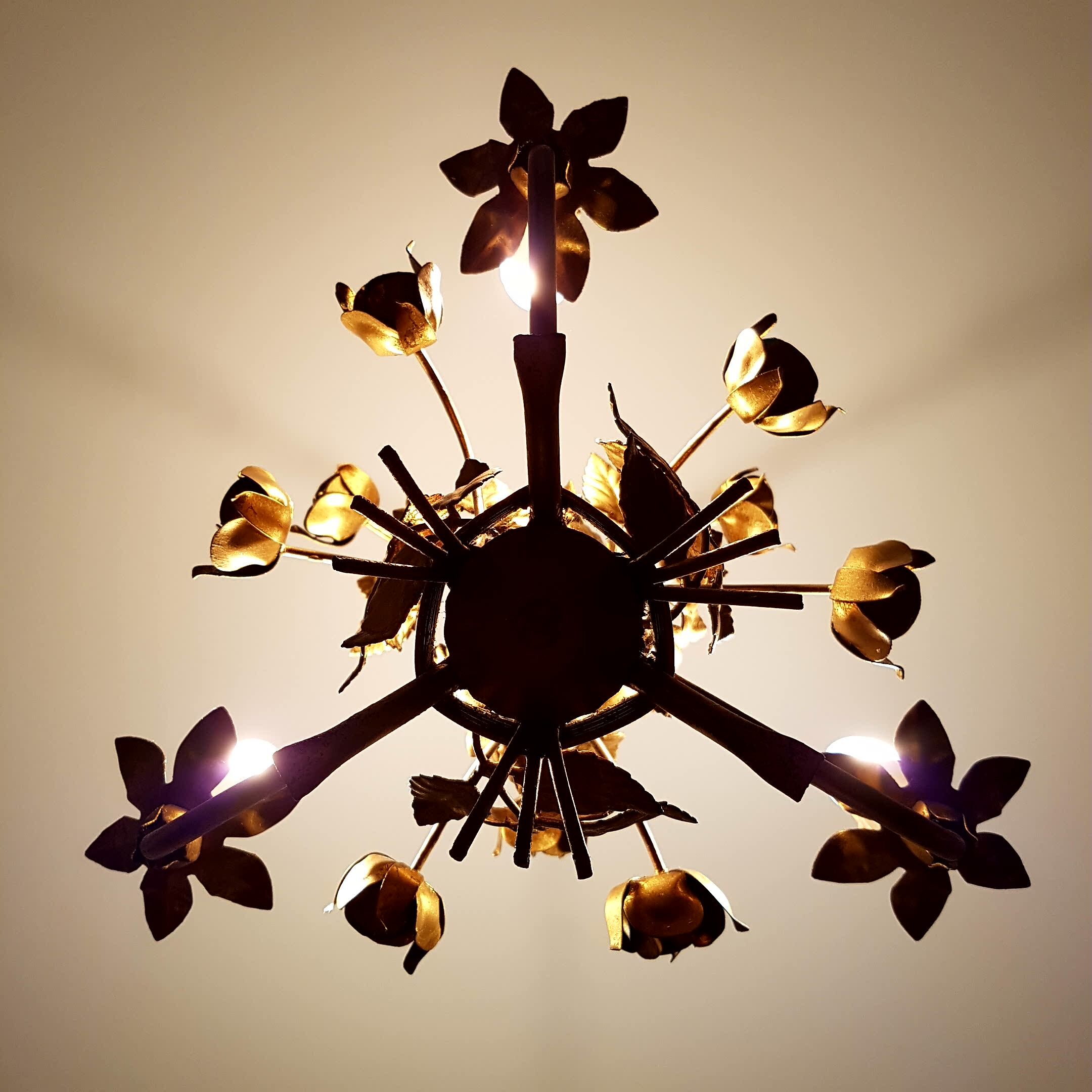Lustre 3 feux doré décor de roses