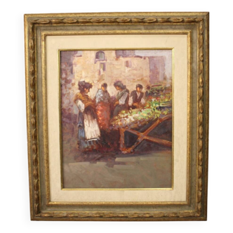 Italian painting popular scene with figures from 20th century