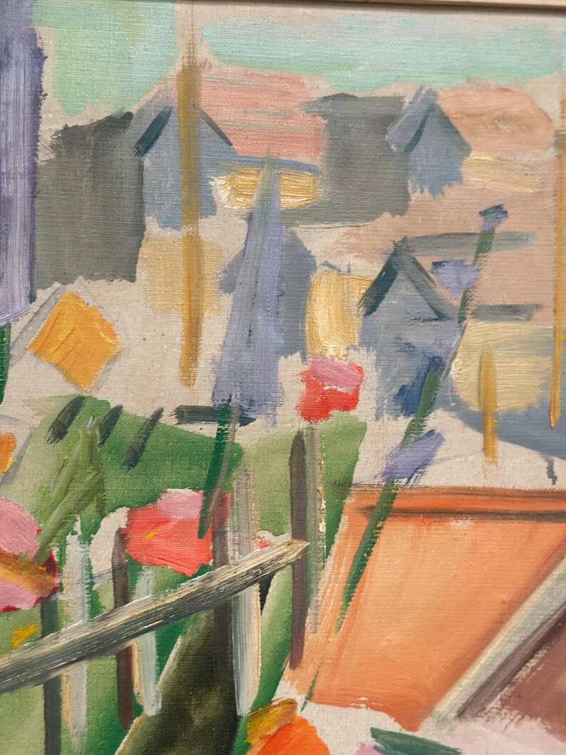 Swedish Original Oil on Canvas – "Figure Near a Flower Fence" by Carl Gunne – Signed – Vintage and Framed – 69.5 × 48 cm (27.4" × 18.9")