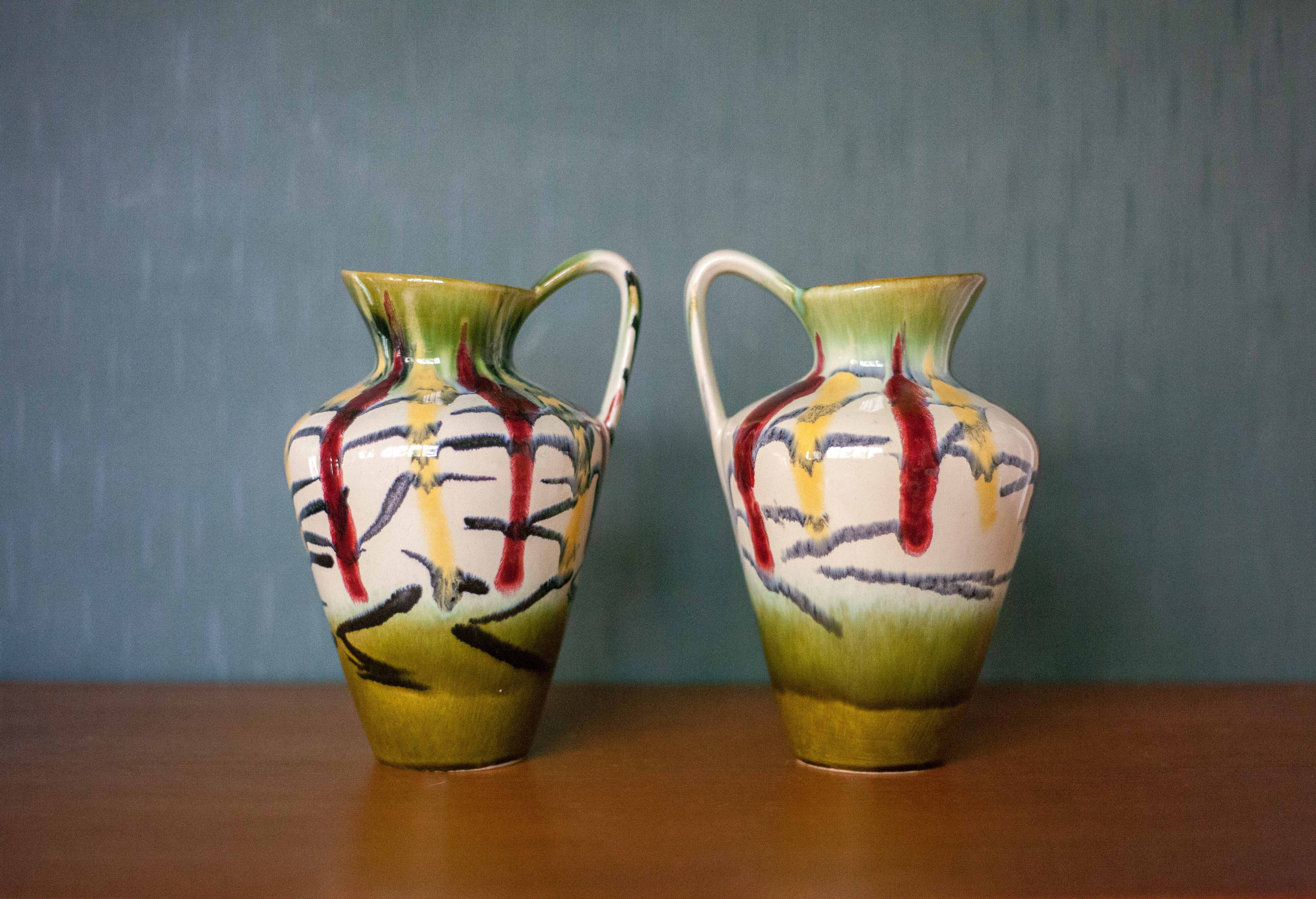 Pair of vintage ceramic vase U-Keramik 1505/20 West Germany, vase with handle, collection, pottery