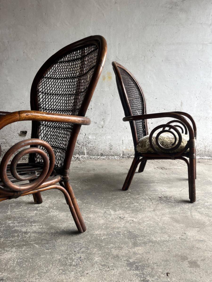 Mid-century Manou dark brown bamboo armchair with open rattan backrest, 1960s French