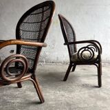 Mid-century Manou dark brown bamboo armchair with open rattan backrest, 1960s French