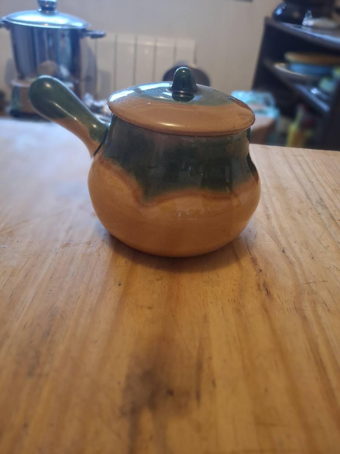 Vintage stoneware mini pot with lid and handle