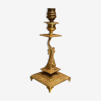 Pied de lampe XIXe Louis XIV au dauphin stylisé monté en lampe sans transformation