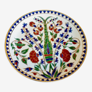 Assiette émaillée Keramik décor d'ibiscus émaux cloisonnés, épais, Rhodes Grèce