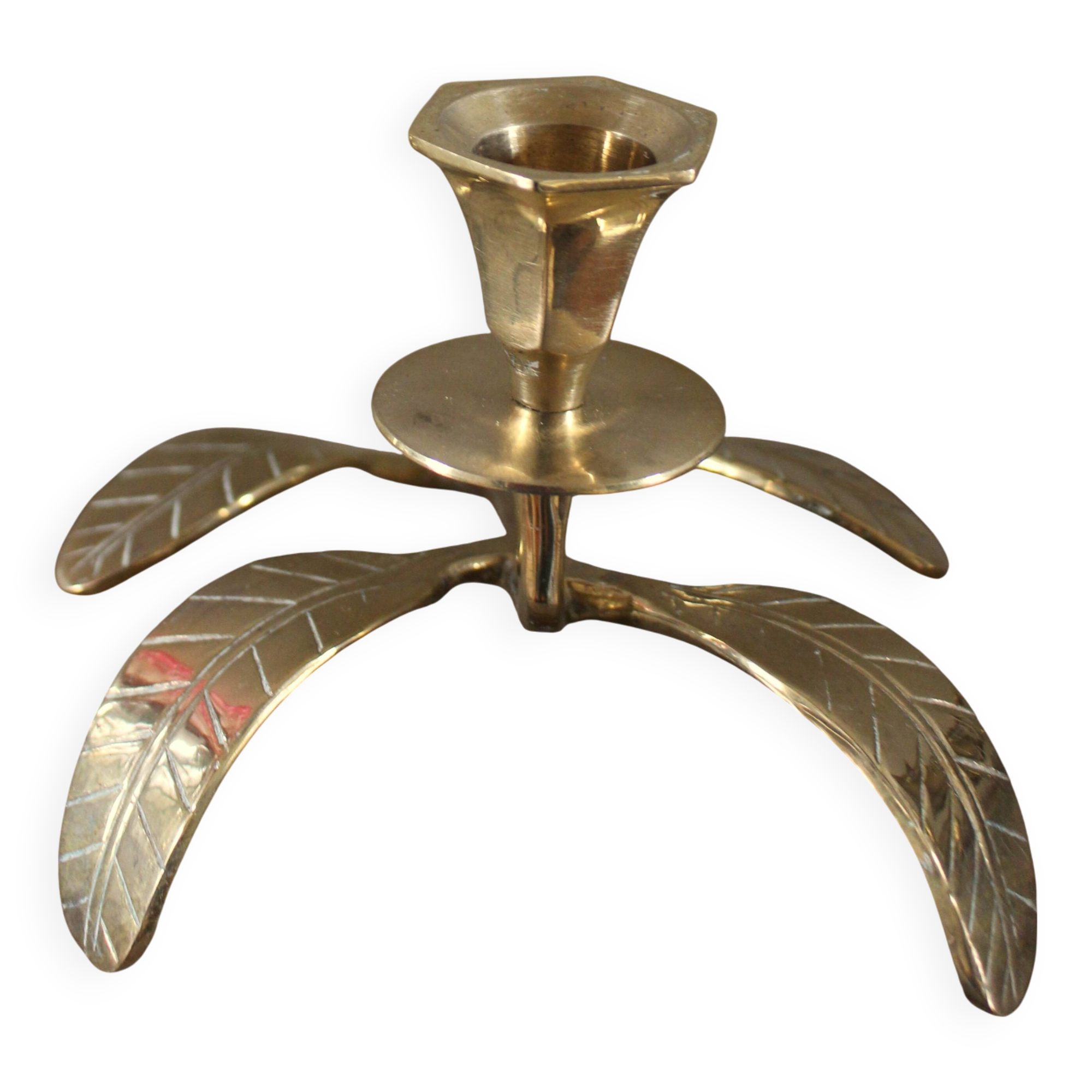 Brass candle holder with oval leaf branch