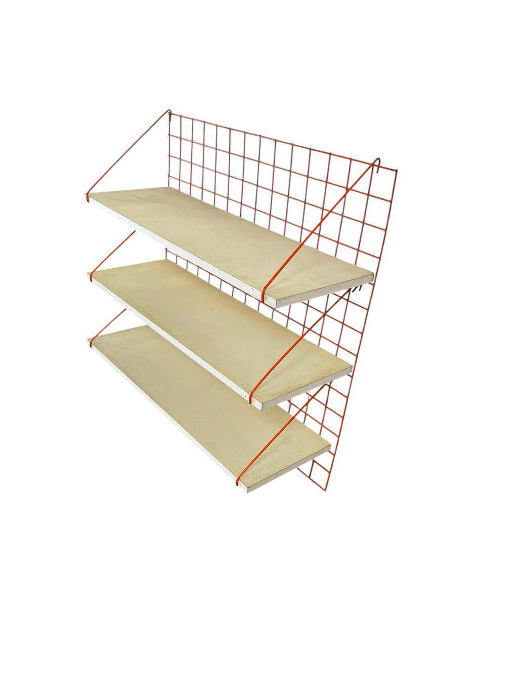 Vintage orange-red multi-level wall shelf with grid