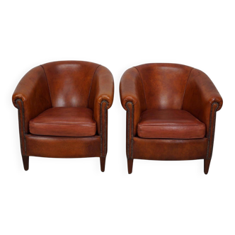 Fauteuil club vintage hollandais en cuir couleur cognac, lot de 2