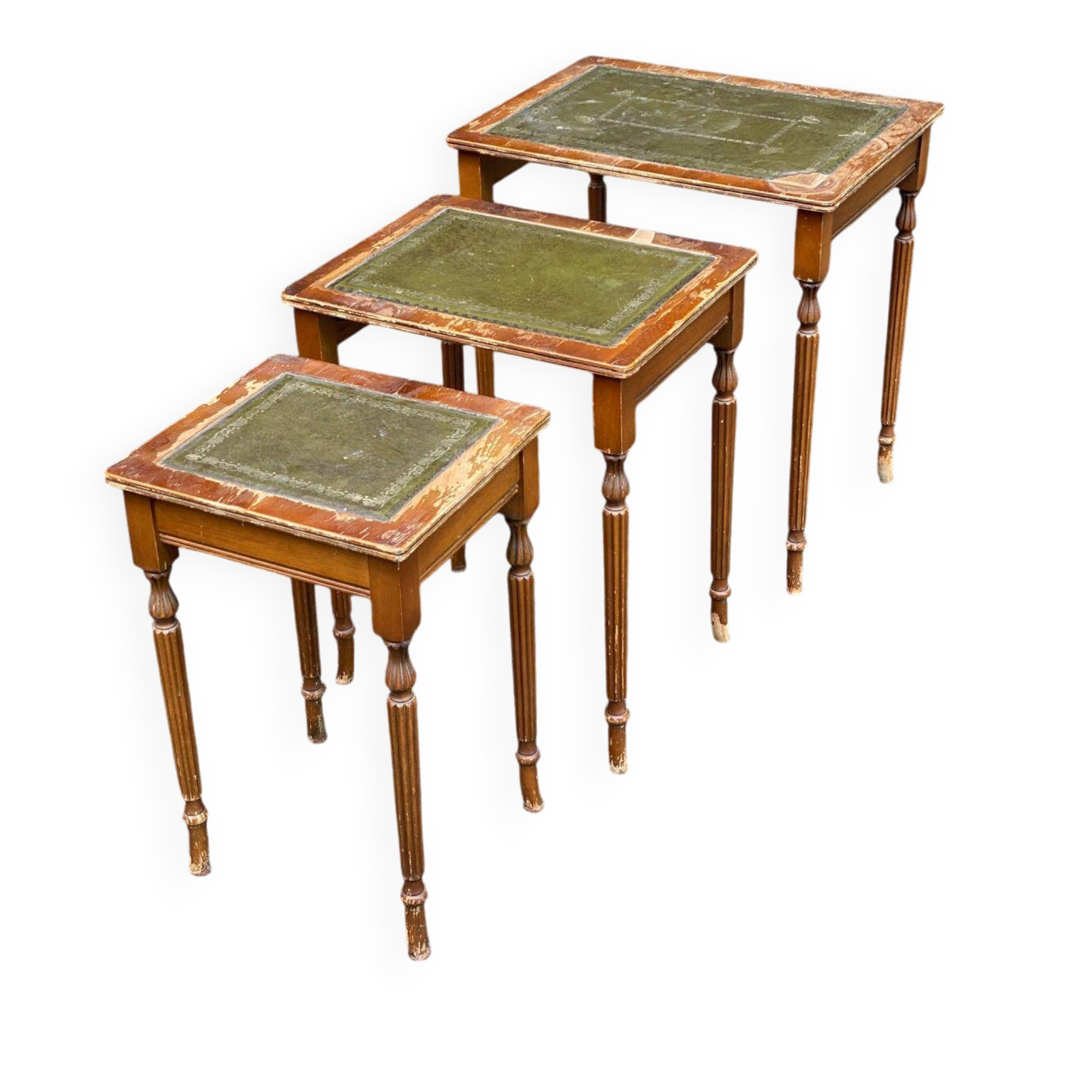3 English nesting coffee tables in solid wood and leather