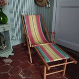 Vintage children's deckchair, sun lounger, striped canvas, 1960-1970.