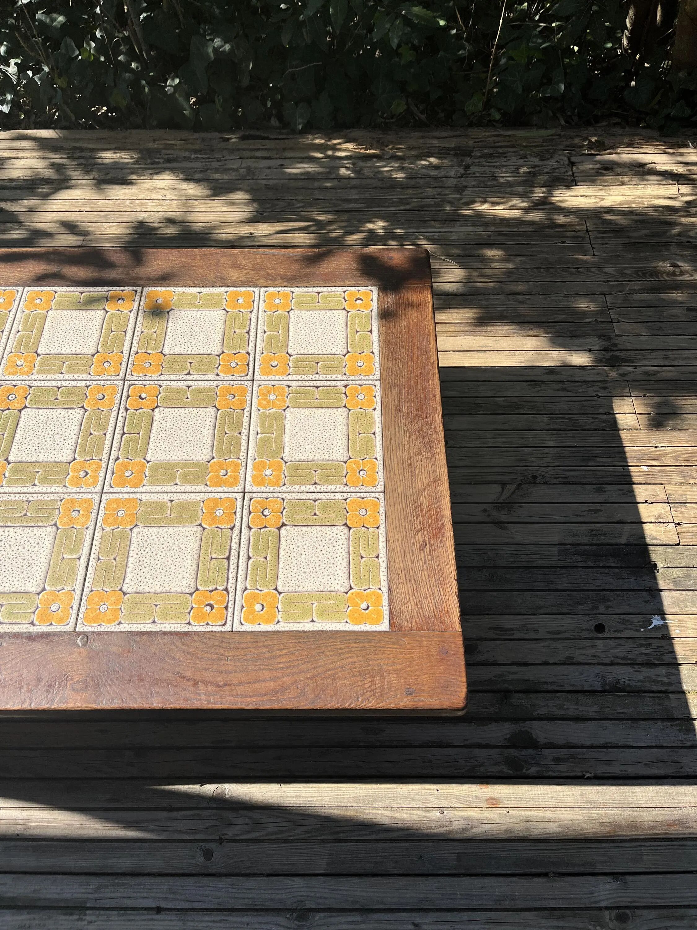 Large vintage 1960s oak and ceramic coffee table.