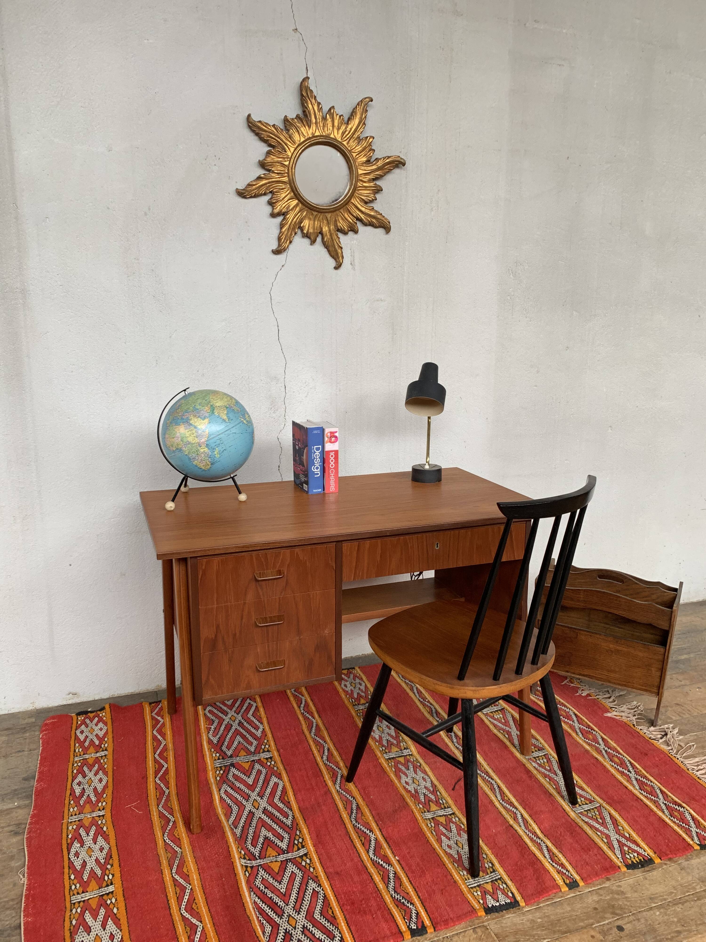 Bureau scandinave teck 1950 1960 vintage rétro ancien - pieds compas - 3 tiroirs - LEGRAND D