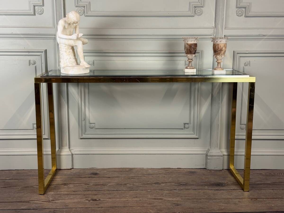 Golden and chrome metal console, bevelled glass, circa 1980.