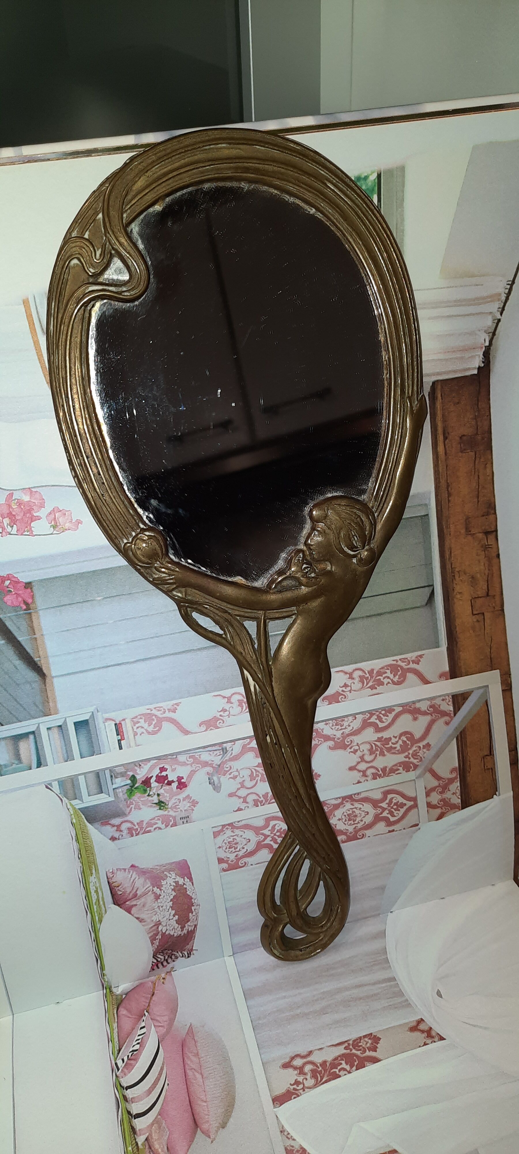 Art Nouveau gilded brass hand mirror