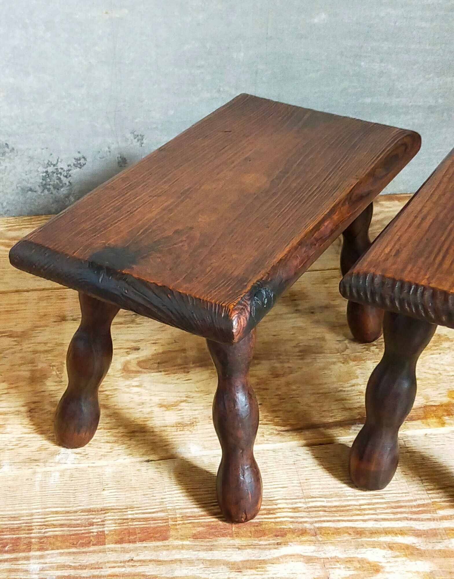 Pair of vintage solid turned wood footstools