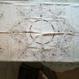 Round off-white tablecloth embroidered with grey flowers with 8 matching napkins - festive table