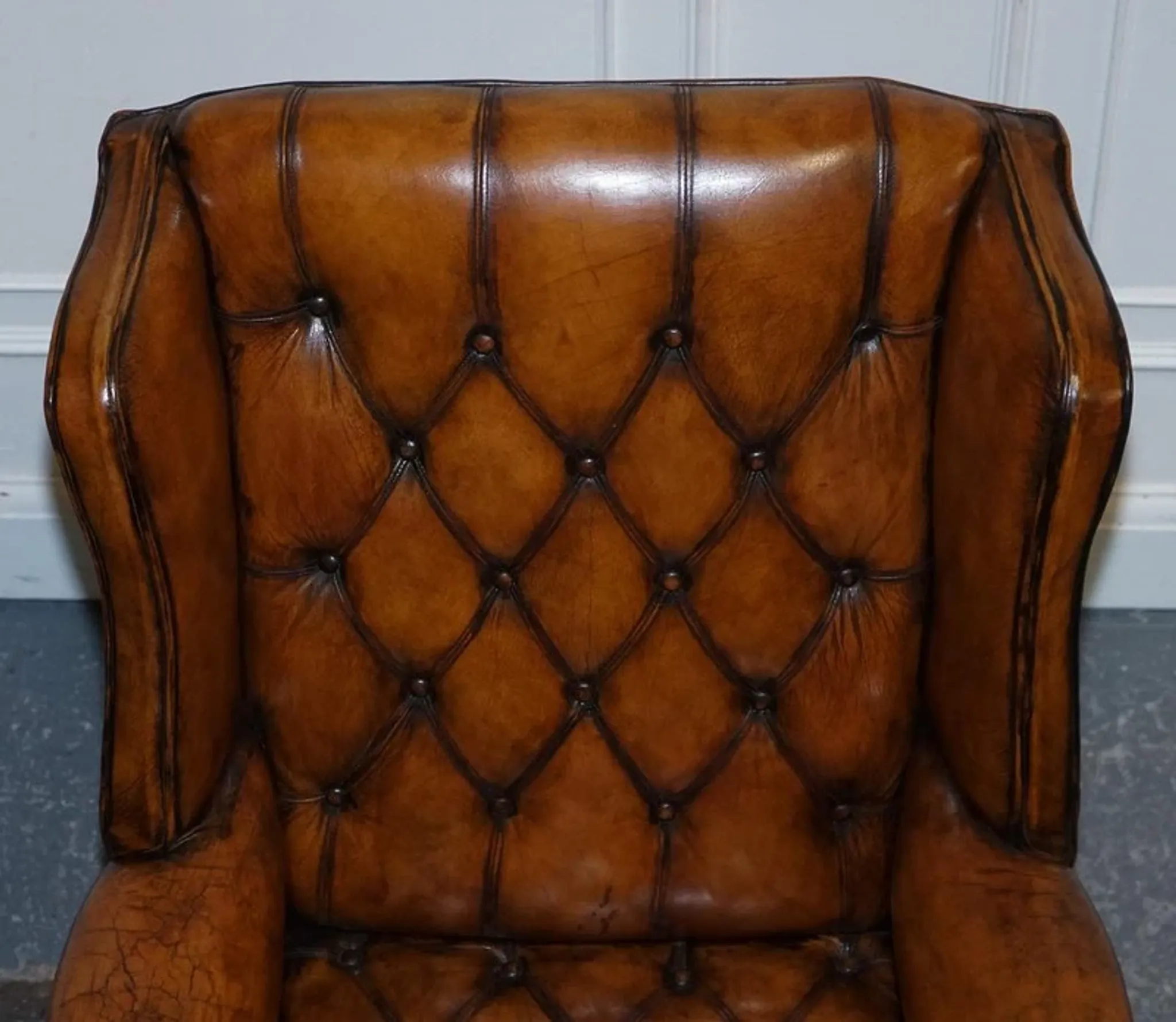 Chesterfield Wingback Armchair Set in Hand-Dyed Brown Leather, 1960s