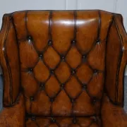 Chesterfield Wingback Armchair Set in Hand-Dyed Brown Leather, 1960s