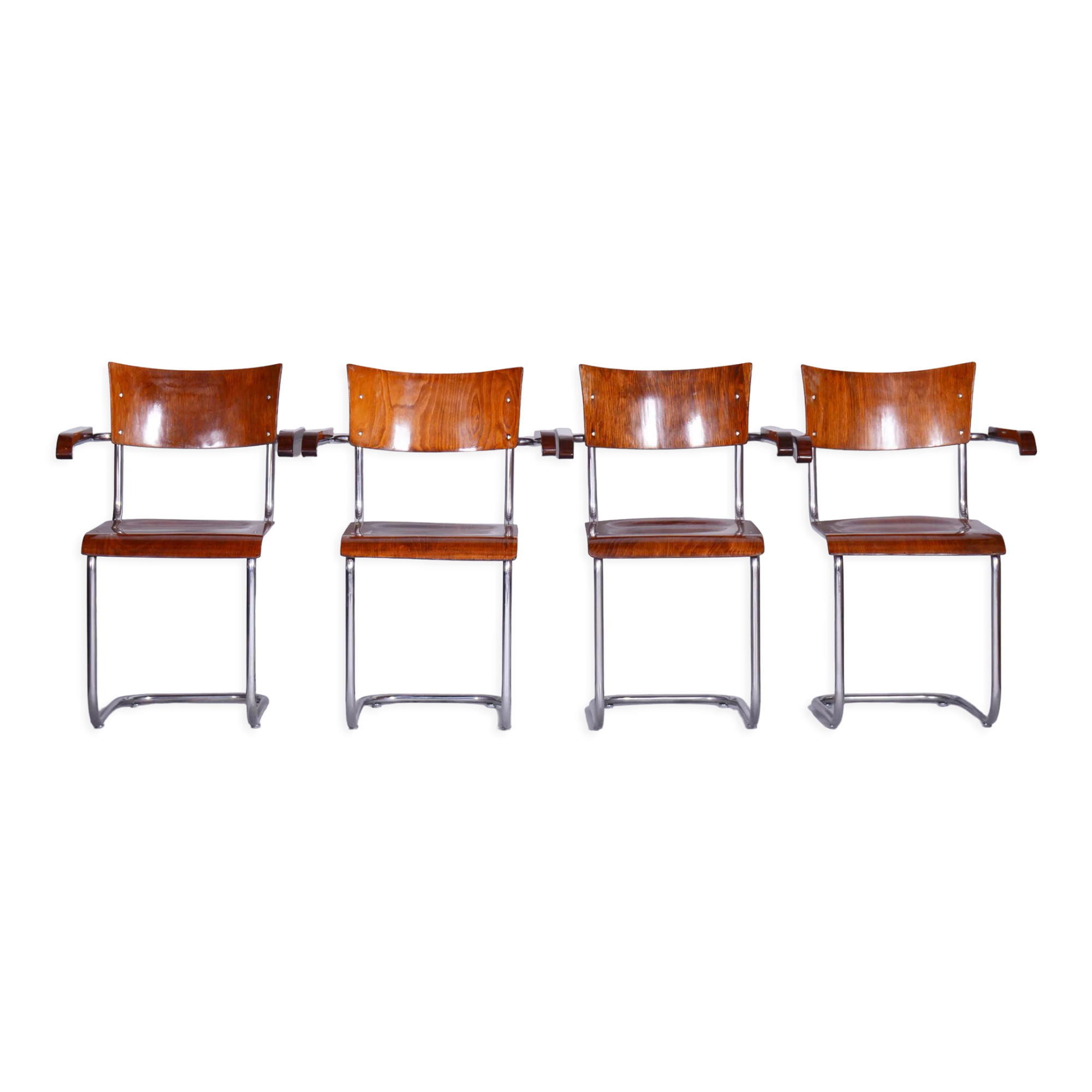 Set Of 4 Restored Bauhaus Beech Armchairs Designed by Mart Stam, 1930s, Czechia, High Gloss
