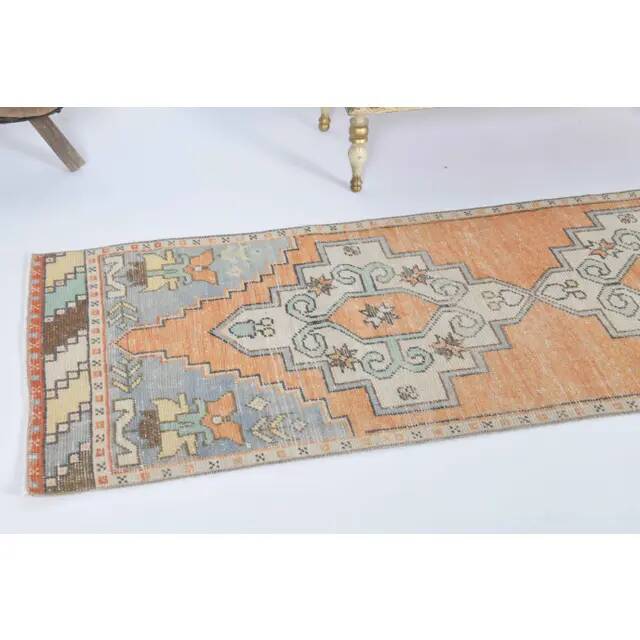 Vintage Turkish Hand-Knotted Wool Cotton Orange Runner Rug 69x271