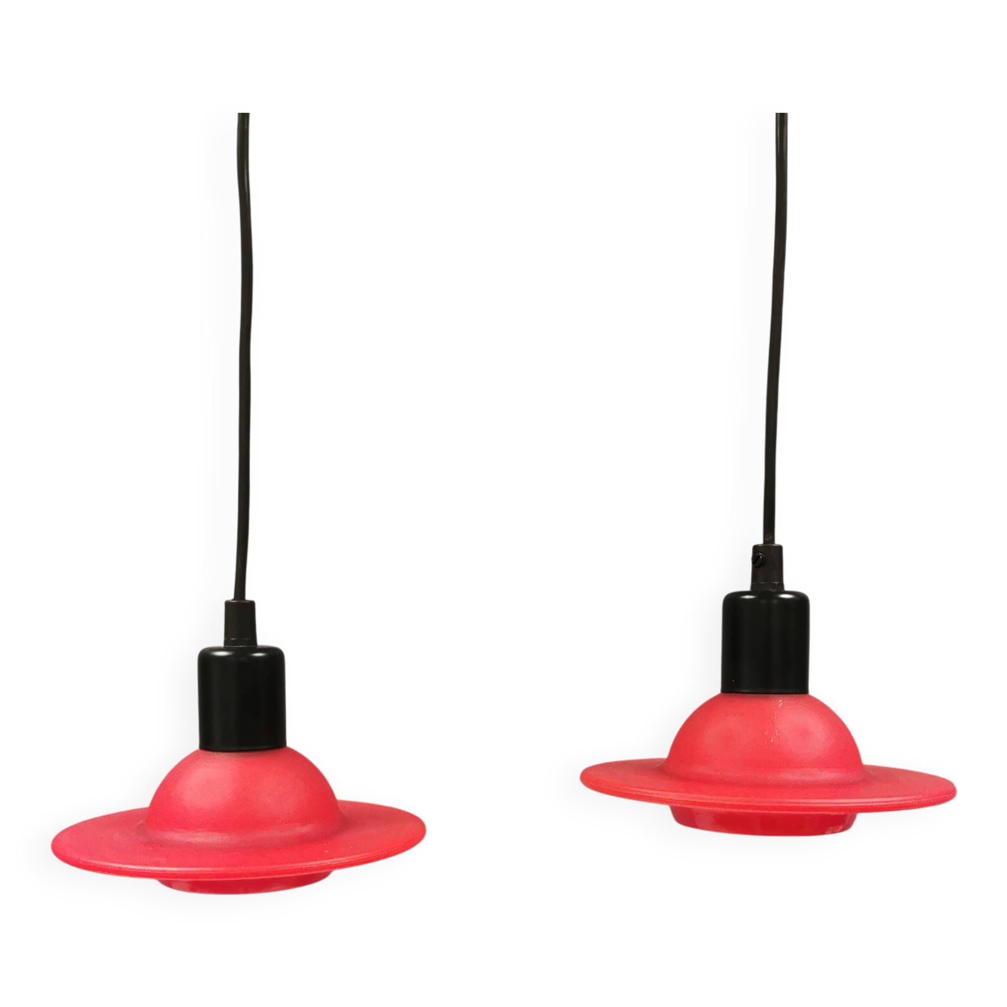 Red UFO glass lamps from the early 90s, Danish and made by Design Light