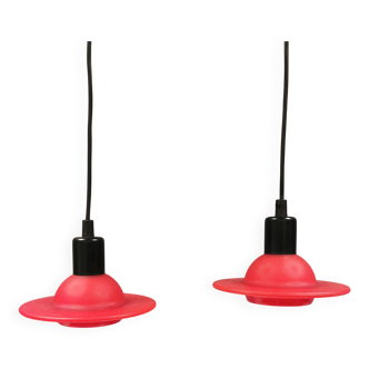 Red UFO glass lamps from the early 90s, Danish and made by Design Light