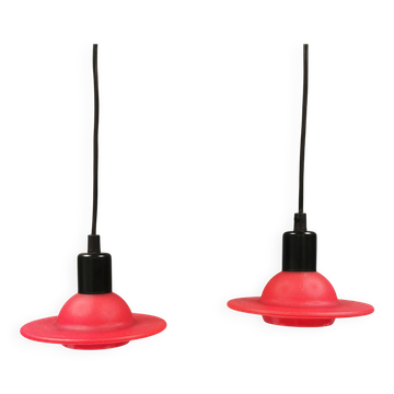 Lampes en verre UFO rouges du début des années 90, danoises et fabriquées par Design Light