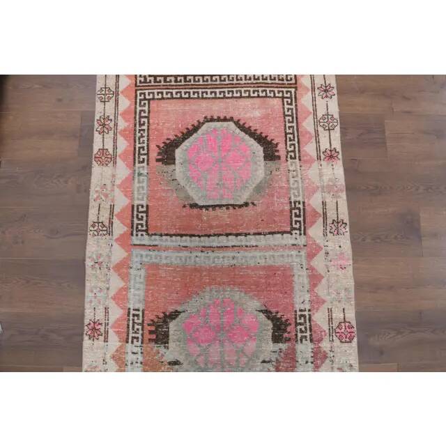 Vintage Turkish Hand-Knotted Wool Cotton Pink Runner Rug 99x345