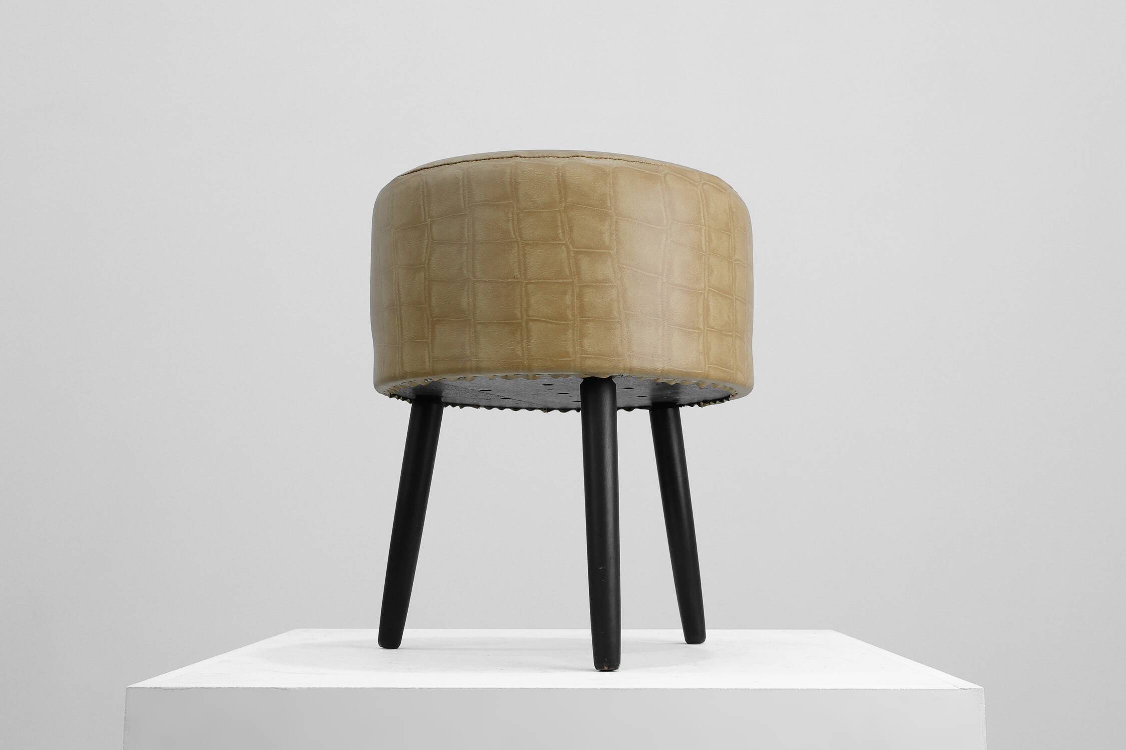 Vintage French Stool in Faux Leather and Wood, 1960
