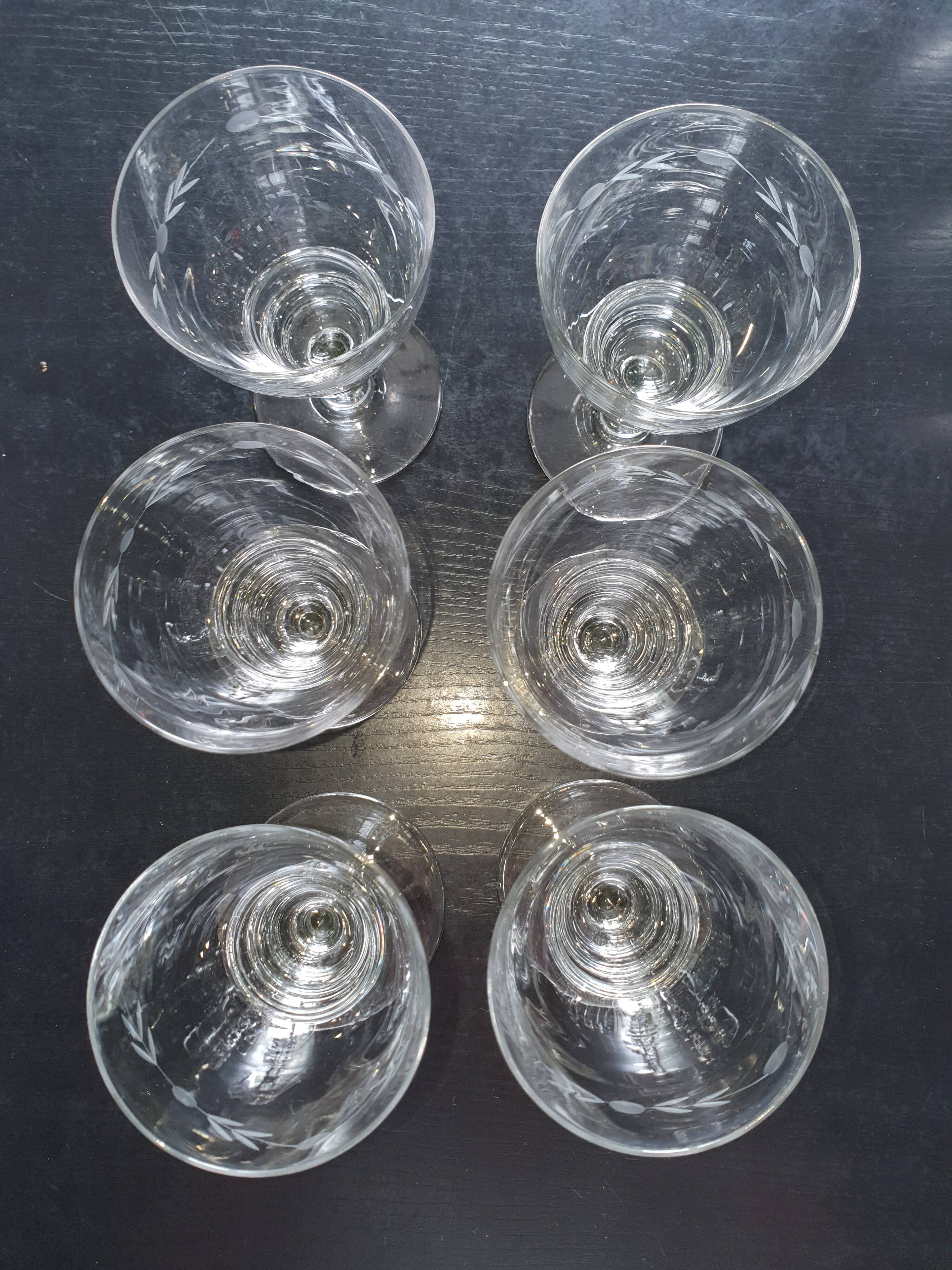 6 vintage wine glasses engraved pyramid shape