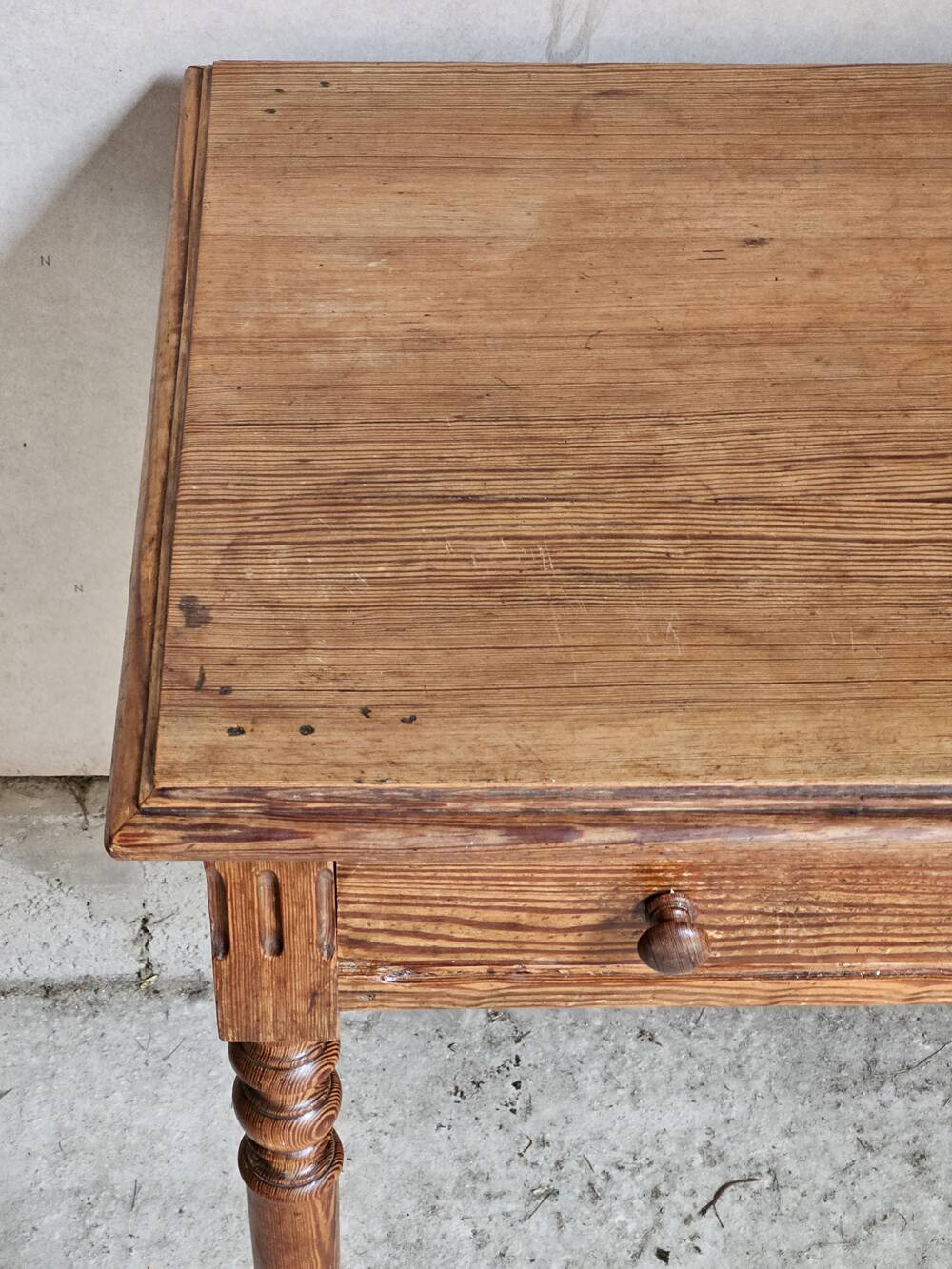 Desk, pine table, turned wooden legs, vintage, 70s